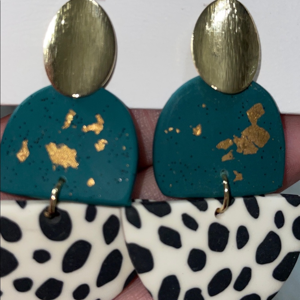 Gold and Green Statement Earrings - Picture 3 of 4